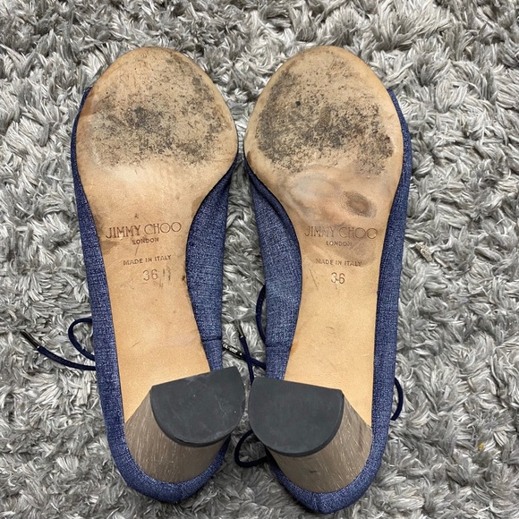 JIMMY CHOO Vernie Denim Leather Wood Heel Sandals - Picture 6 of 11